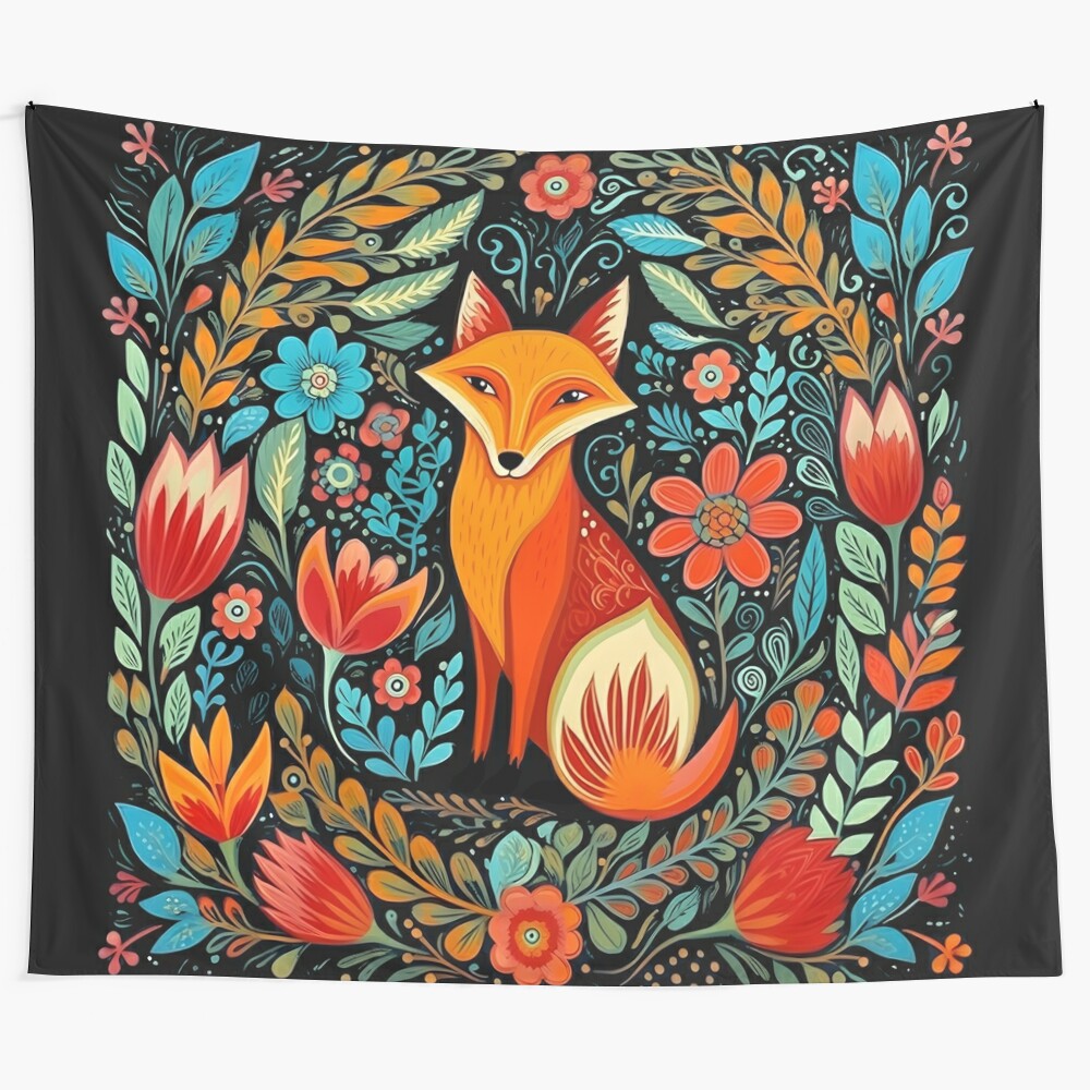 Colorful floral tapestry featuring a whimsical fox illustration