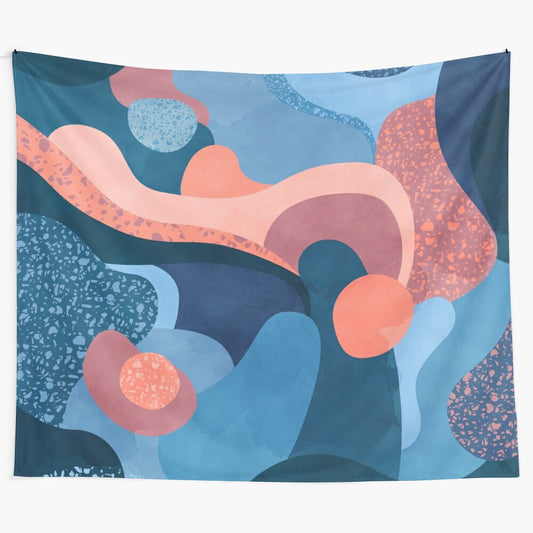 Terrazzo-inspired abstract blue wave and pink galaxy tapestry wall decor