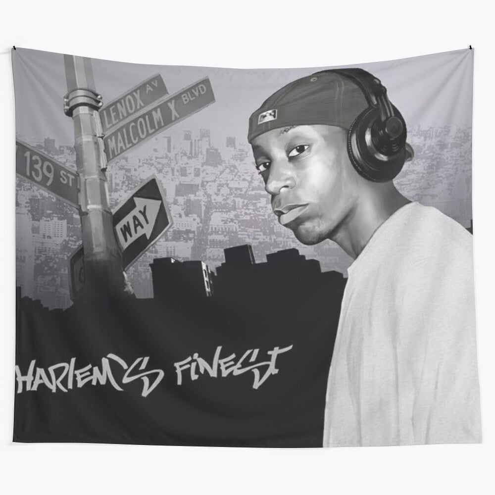 Vintage-style tapestry featuring Big L's iconic album art and hip hop imagery