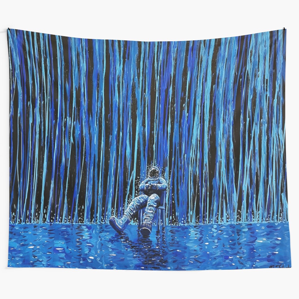 Flooko astronaut in space against a blue, rainy background on a tapestry