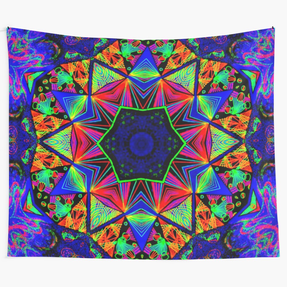 Psychedelic mandala tapestry with vibrant colors and abstract patterns