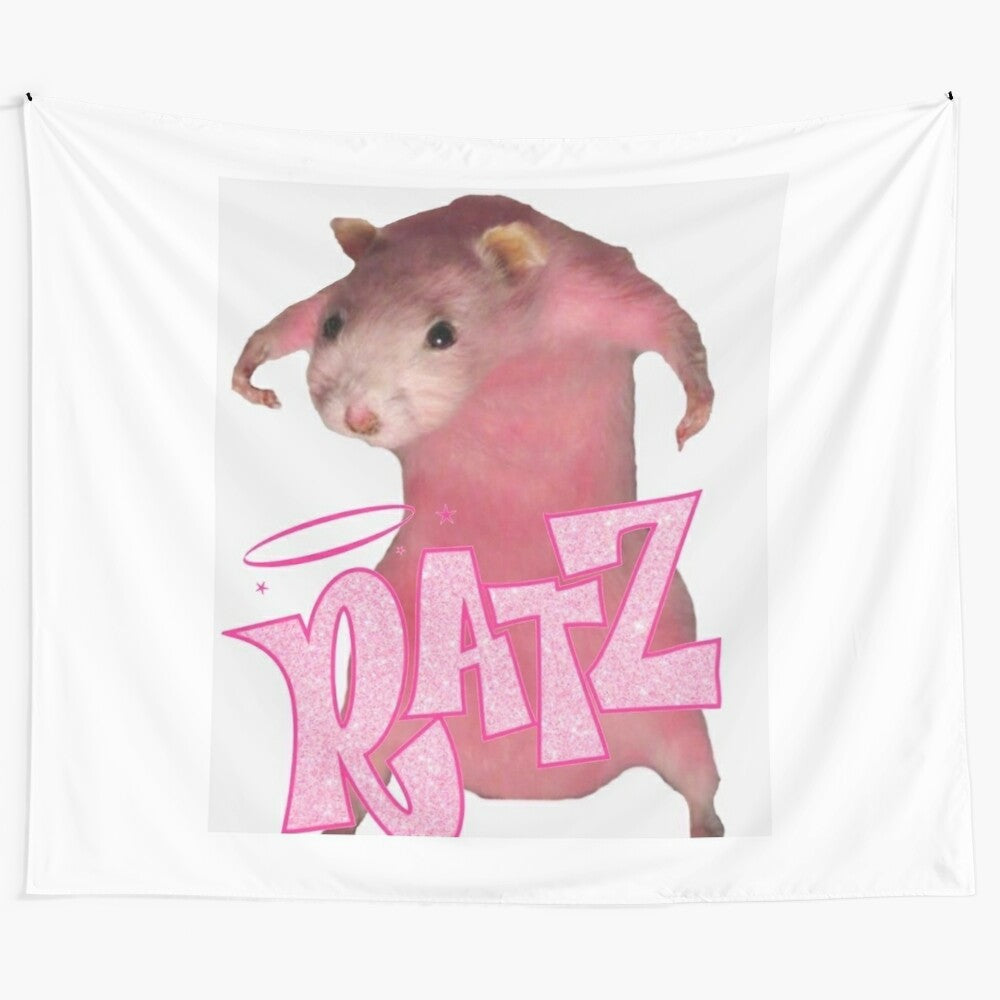 Funny ratz tapestry featuring whimsical, decorative rats on a colorful wall hanging