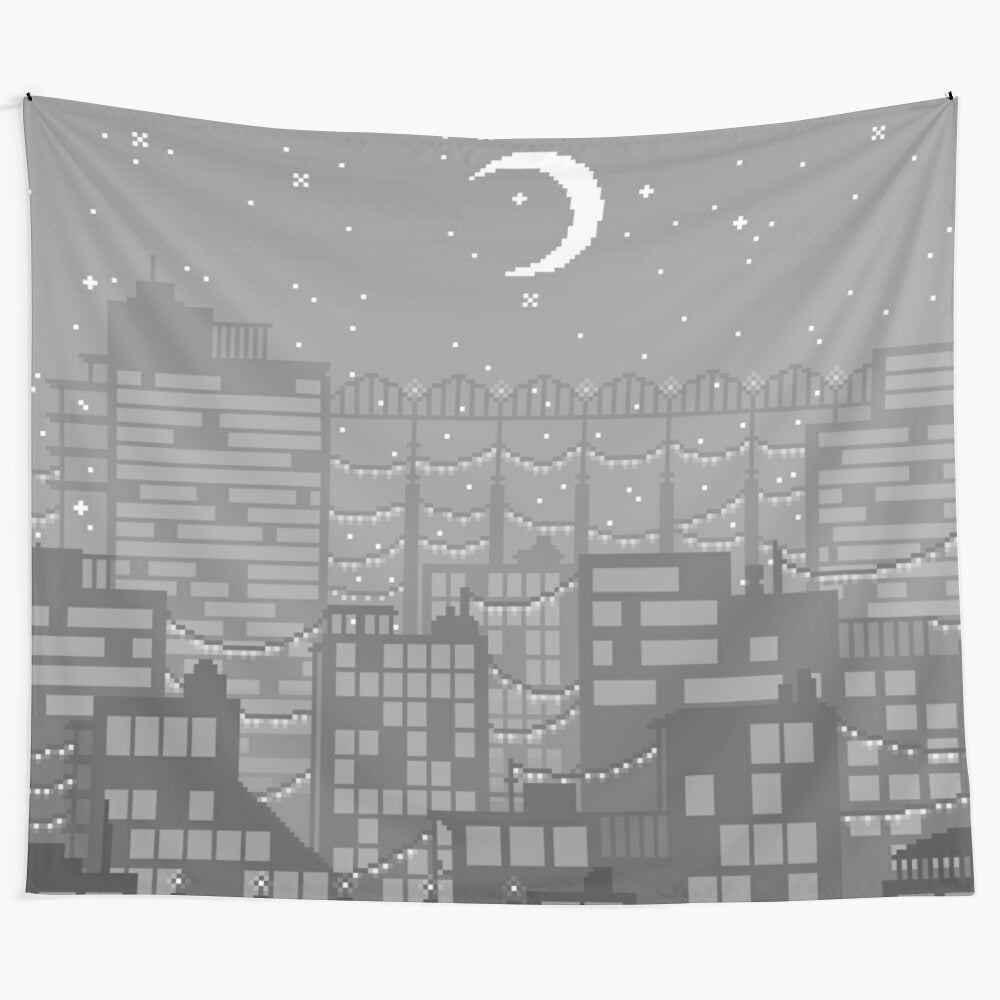 Twinkling monochrome pixel art city skyline tapestry