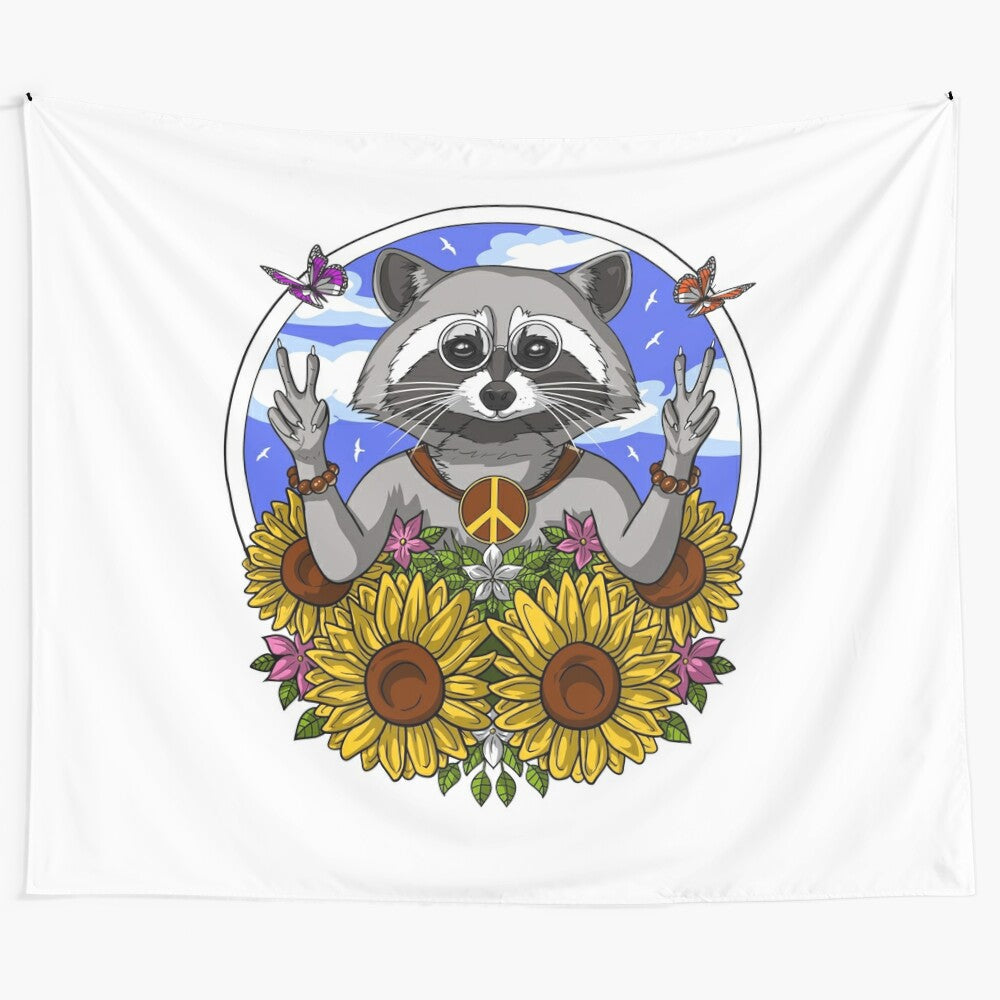 Colorful hippie tapestry featuring a cute raccoon surrounded by nature and floral elements