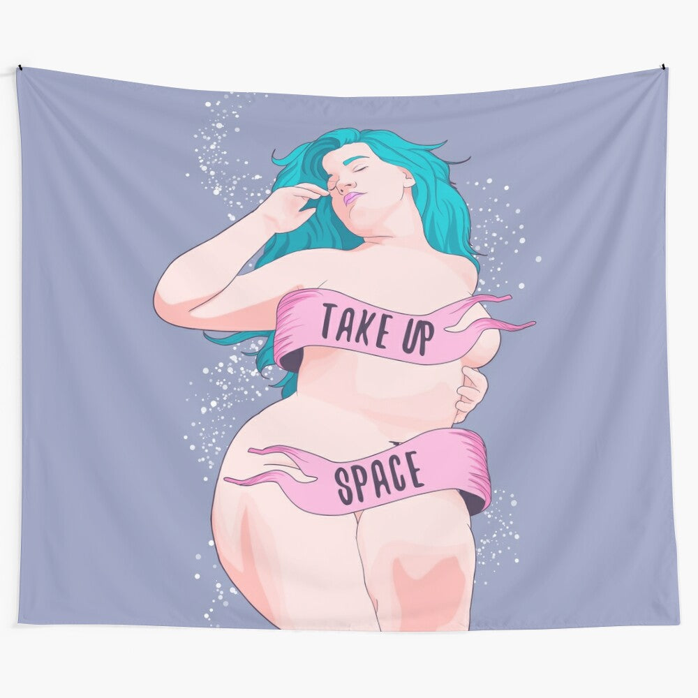 "Take Up Space" tapestry featuring a bold, body positive message