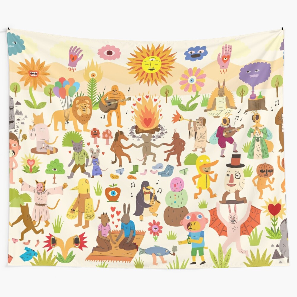 Colorful and vibrant big chill tapestry with whimsical folk art design