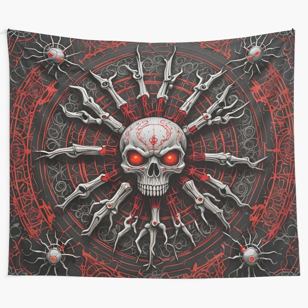 Spooky skull mandala tapestry with bold red spider webs