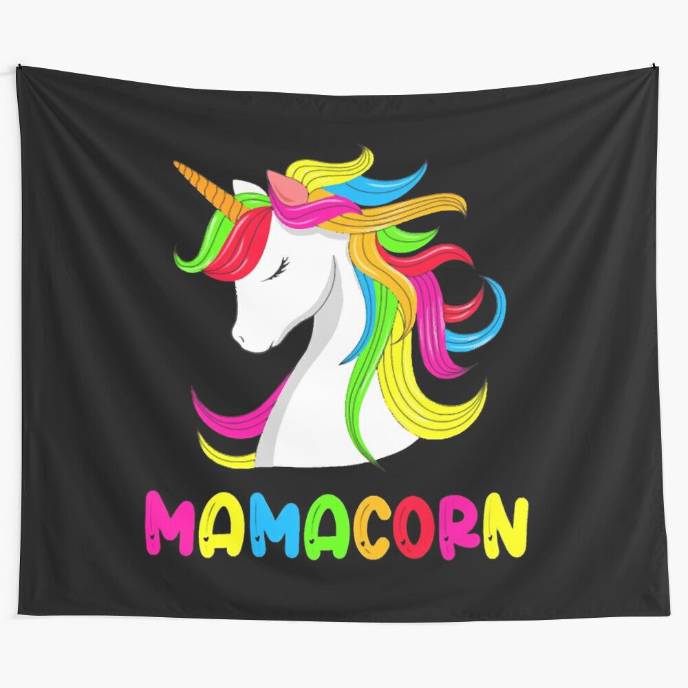 Magical mamacorn unicorn tapestry with galaxy and rainbow design