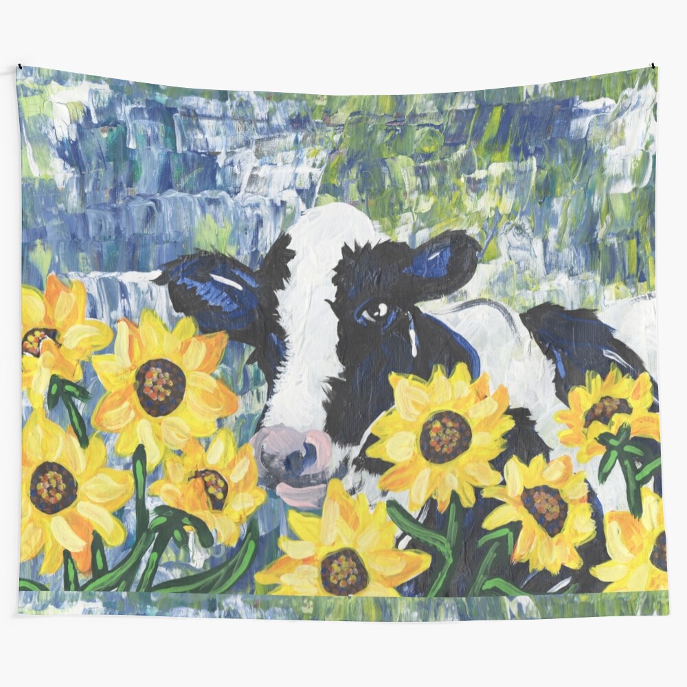 Cow in the Sun Tapestry featuring a beautiful white cow in a sunflower field