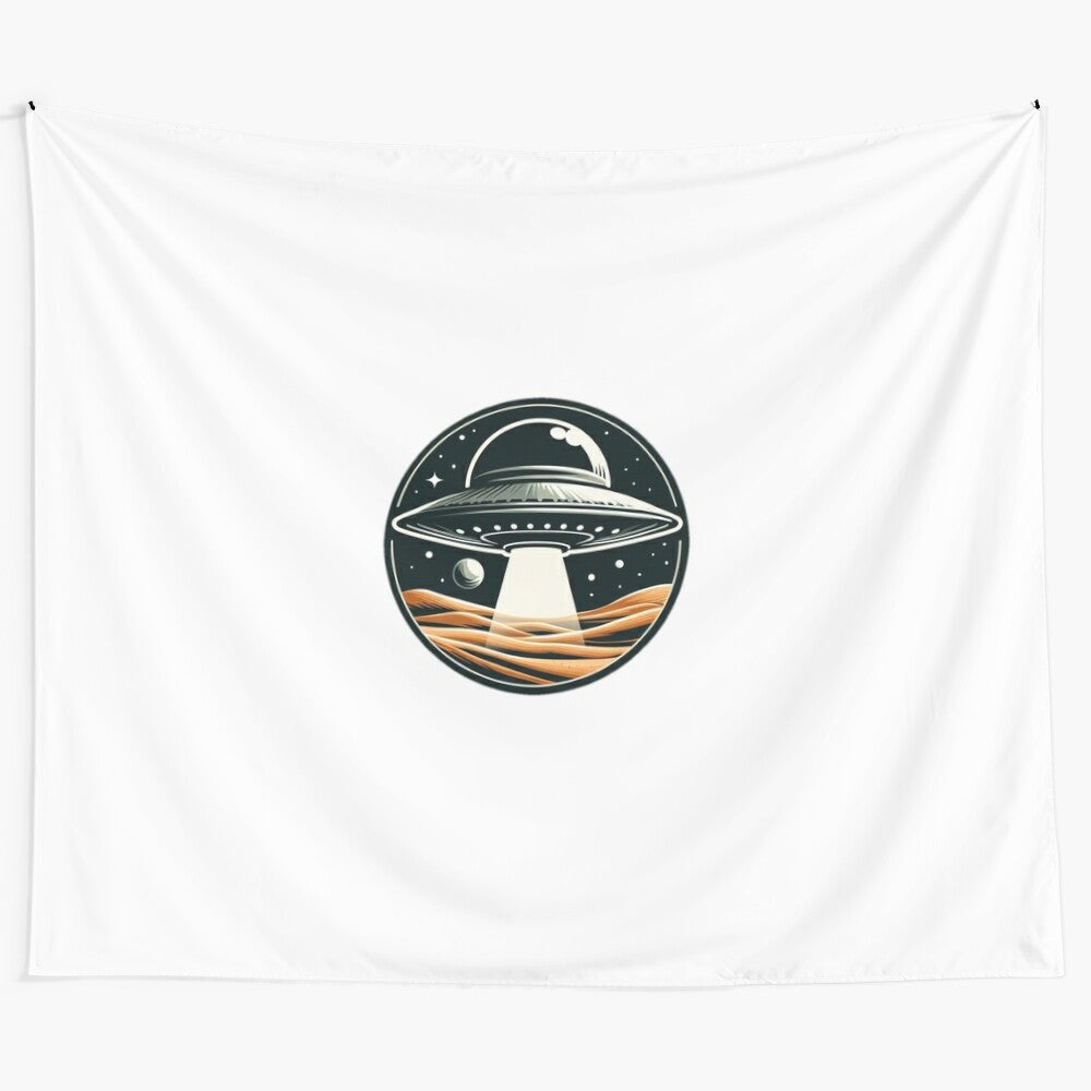 Desert landscape tapestry featuring a mysterious UFO sighting in the night sky