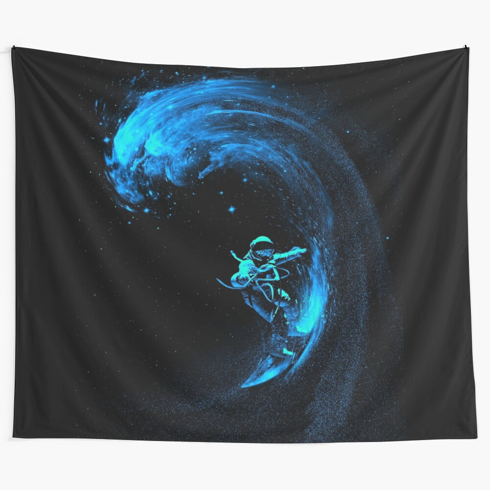 Cosmic space surfing tapestry featuring an astronaut riding a wave through the galaxy