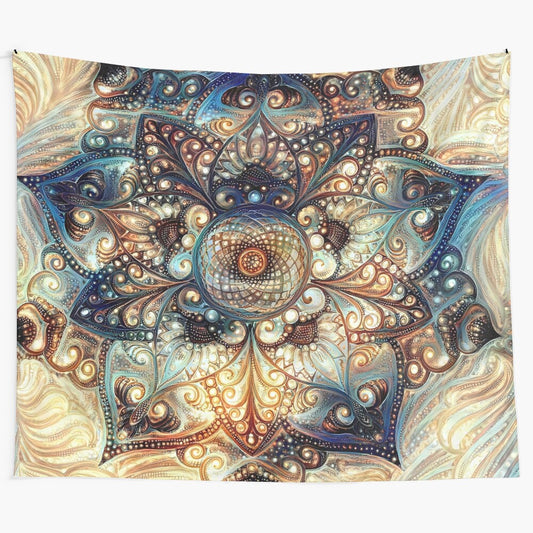 Geometric mandala tapestry with sacred geometry patterns and flower design