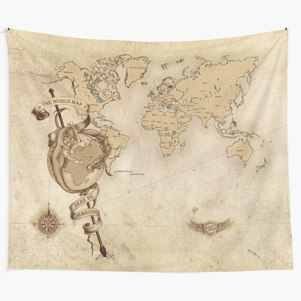 Vintage-style world map tapestry featuring a fantasy dragon design