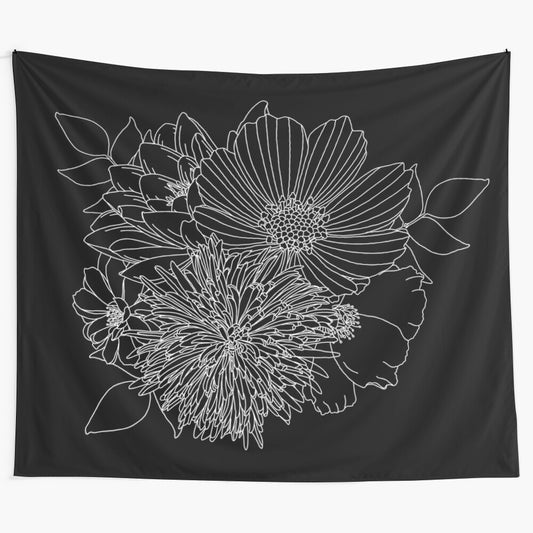 Black and white floral bouquet tapestry for boho home decor