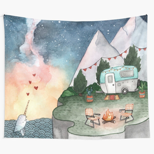 Celestial night sky tapestry with galaxy, stars, and crescent moon design for camper decor