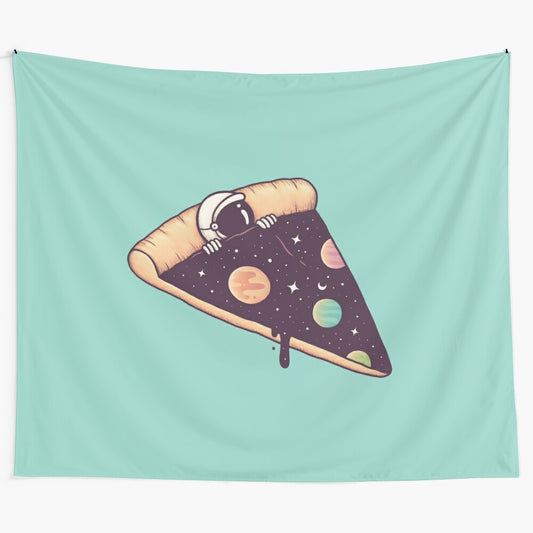 Galactic Deliciousness tapestry featuring a surreal scene with astronauts, planets, and pizza