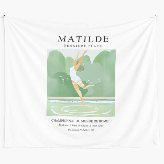 Modern minimalistic pastel tapestry depicting a pool scene with humorous "explosion" theme