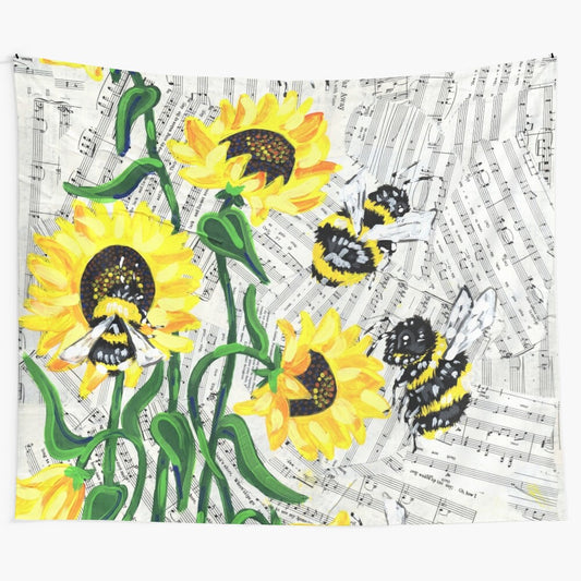 Fuzzy yellow bee pollinating vibrant yellow sunflowers in a floral tapestry design