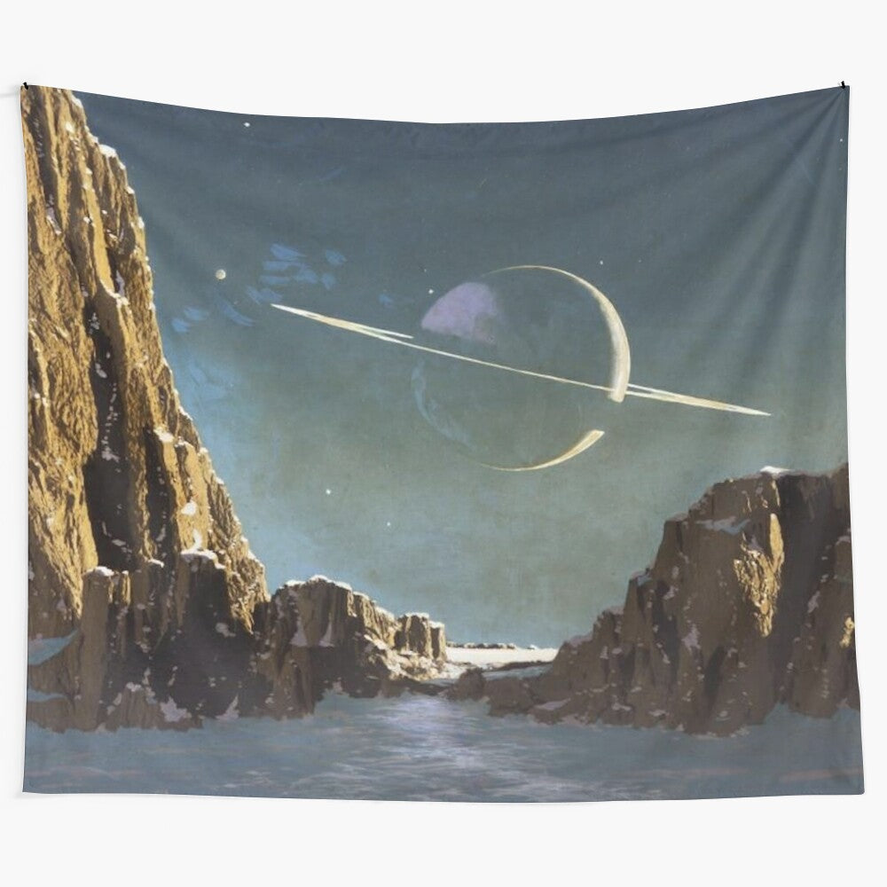 Saturn and its moon Titan depicted in a stunning space-inspired tapestry