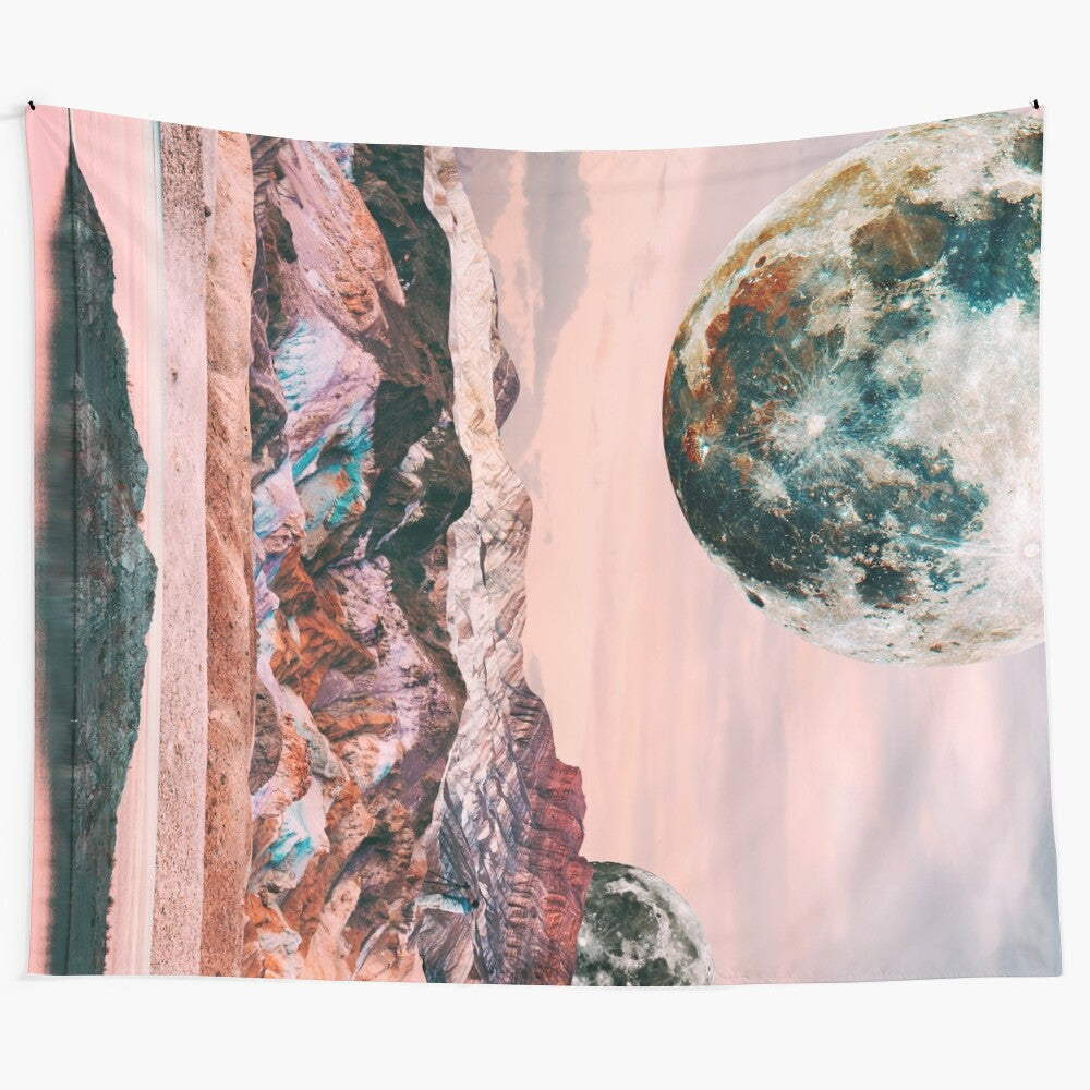 Ethereal sisters tapestry featuring a collage of the moon, mountains, and a cosmic landscape