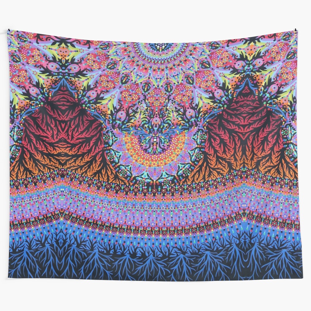 Vibrant mandala tapestry with psychedelic roots and nature-inspired design