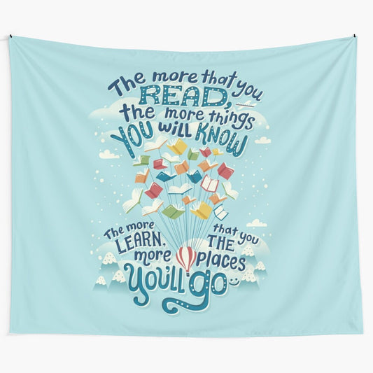 "Go Places" Tapestry with hot air balloons and Dr. Seuss-inspired design