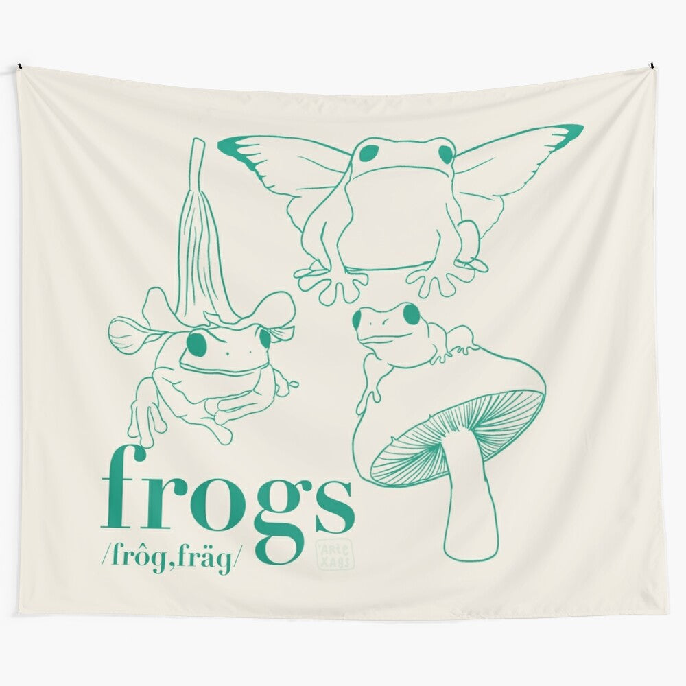 Captivating frog tapestry featuring a delightful green frog amidst a whimsical forest setting