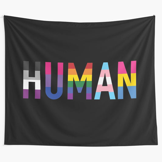 Vibrant tapestry featuring various queer pride flags and symbols