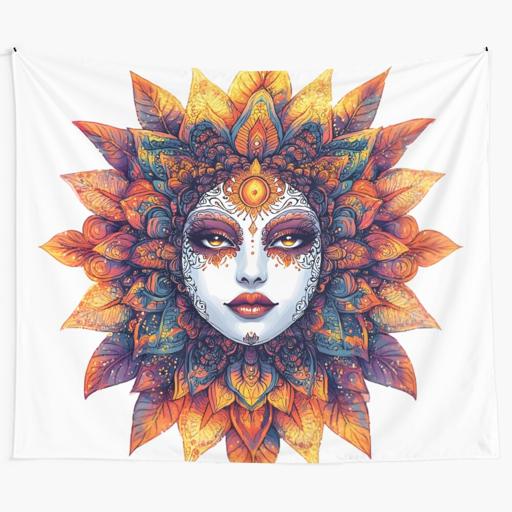 Celestial sun goddess tapestry featuring vibrant autumn tattoo art design