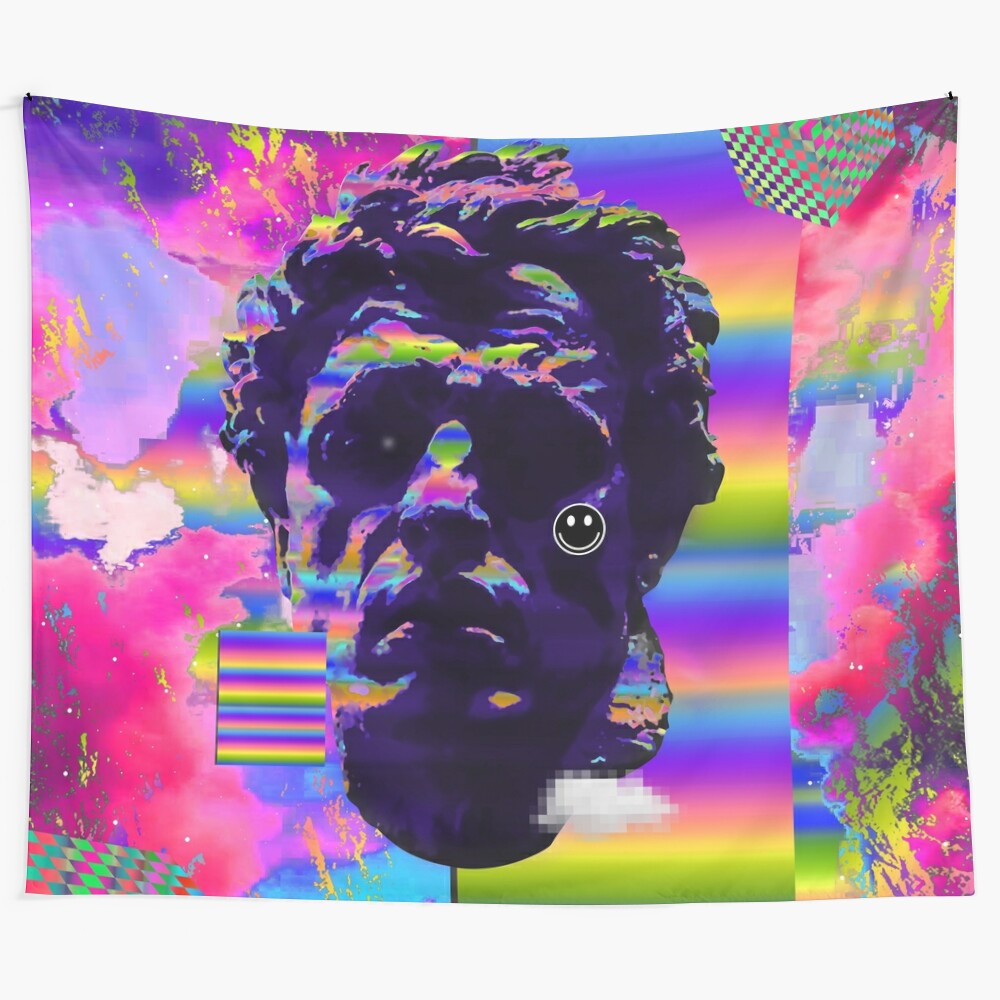 Sad iridescent statue tapestry with vibrant colors, gradients, and glitchy effects