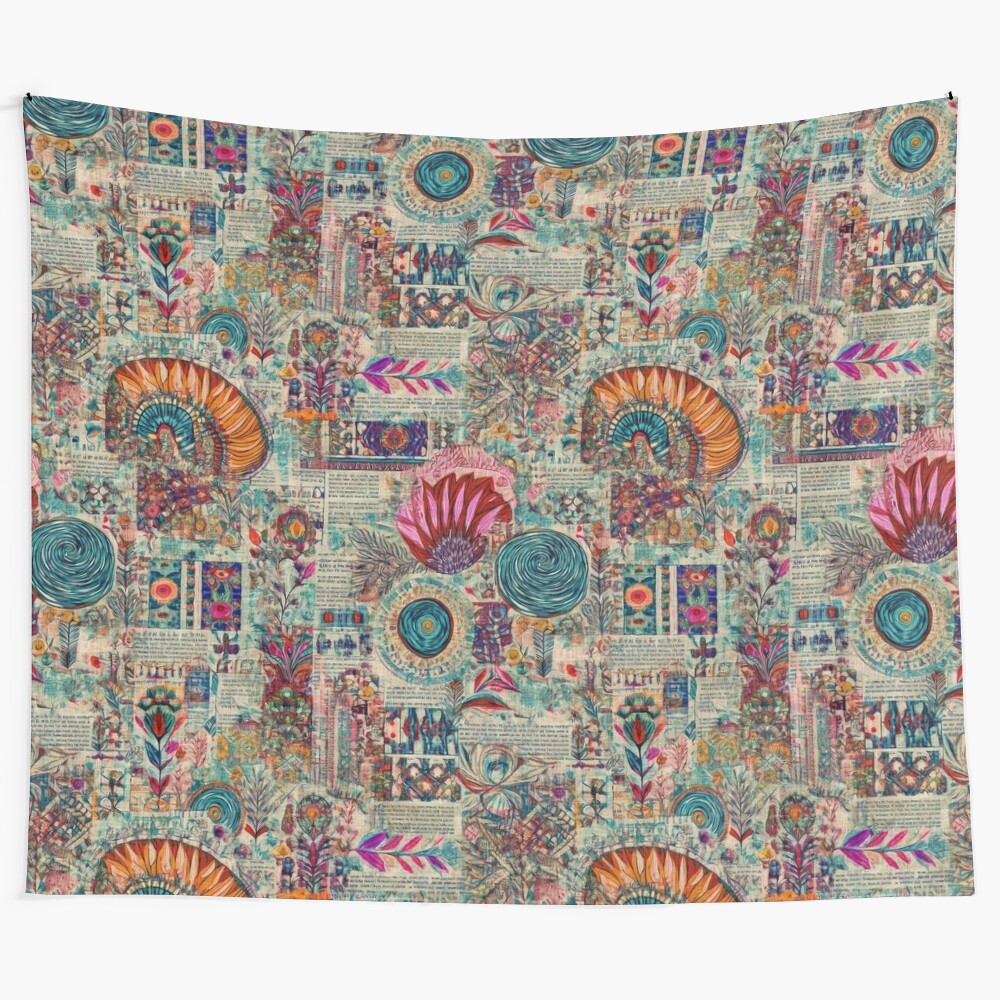 Retro hippie-inspired flower collage tapestry