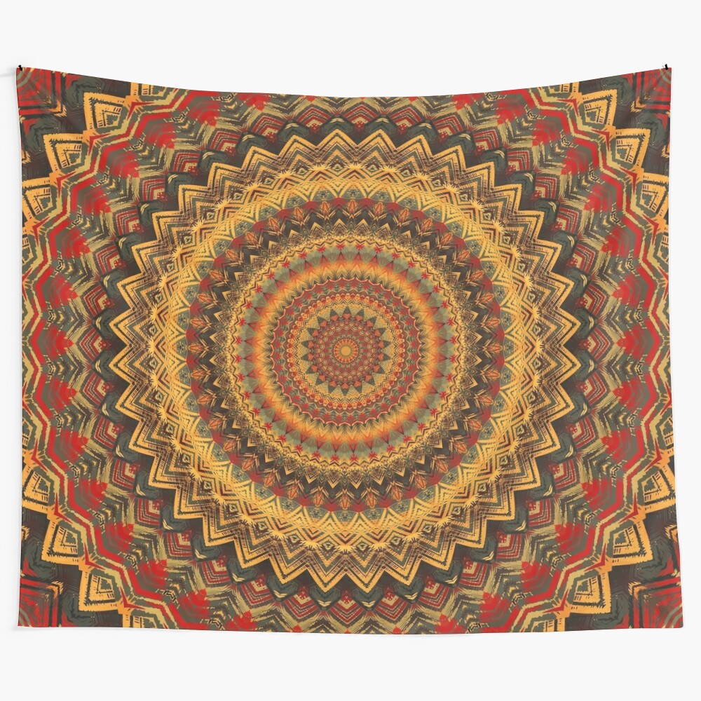 Colorful mandala tapestry with sacred geometry and nature motifs