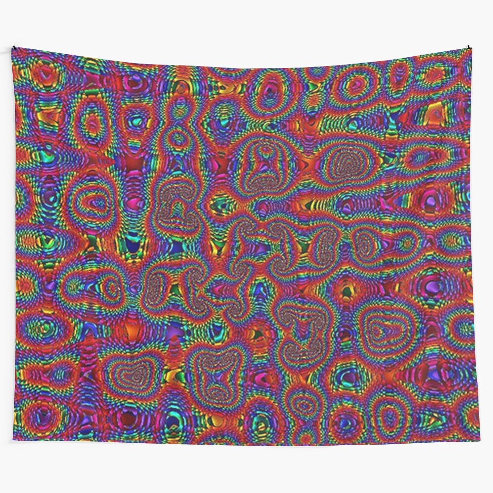 Vibrant psychedelic tapestry with abstract swirls and waves of color