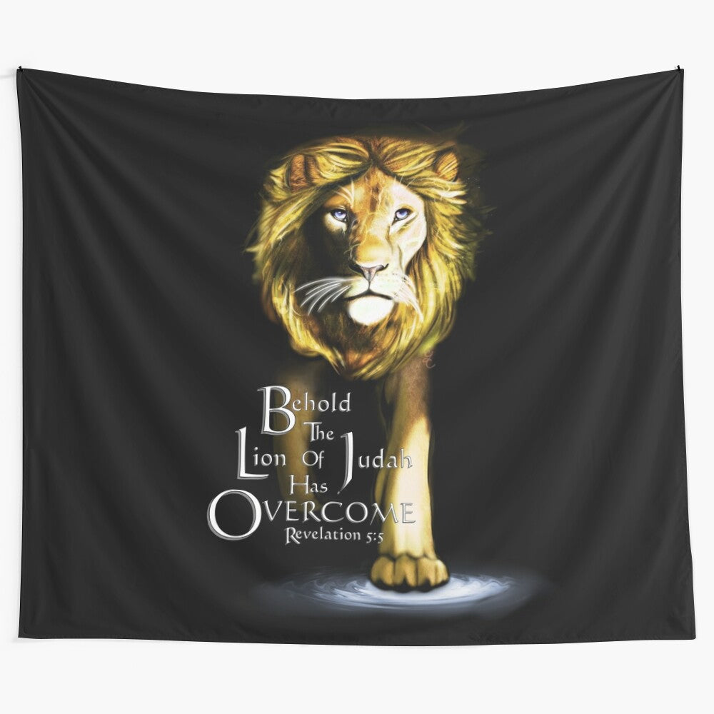 Lion of Judah tapestry with biblical scripture in gold and yellow tones