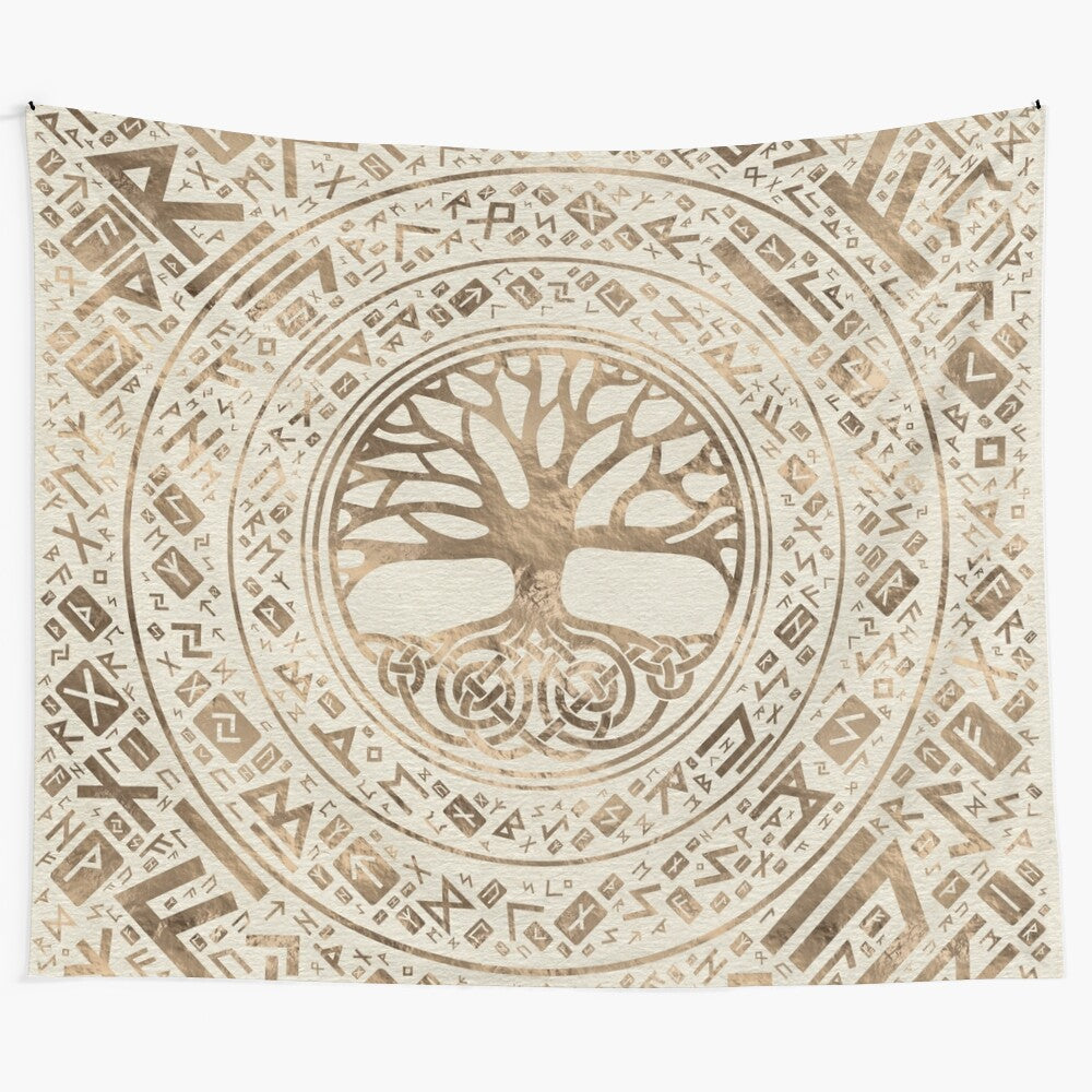 Yggdrasil tapestry featuring the sacred tree of life from Norse mythology with Celtic runic pattern