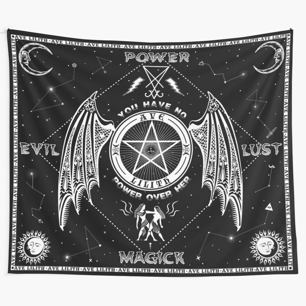 Black and white tapestry featuring the demoness Lilith and occult symbols