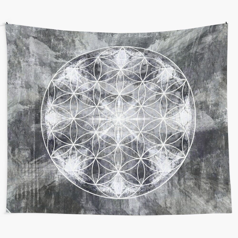 Black and grey flower of life mandala tapestry