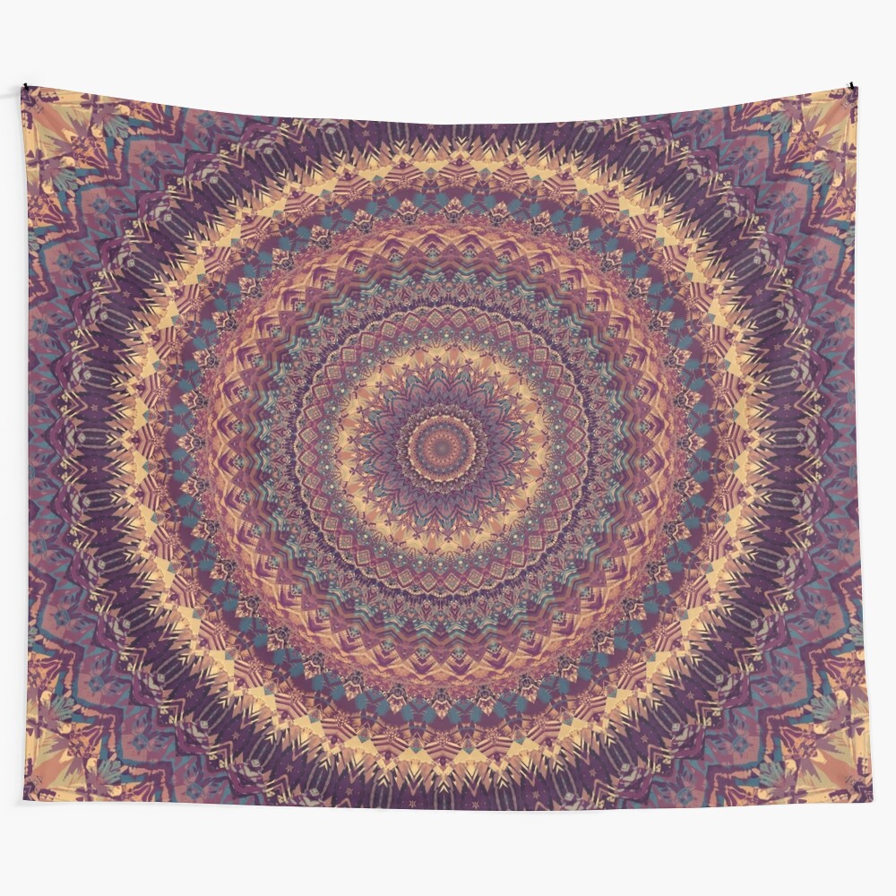 Colorful mandala pattern tapestry with sacred geometry design