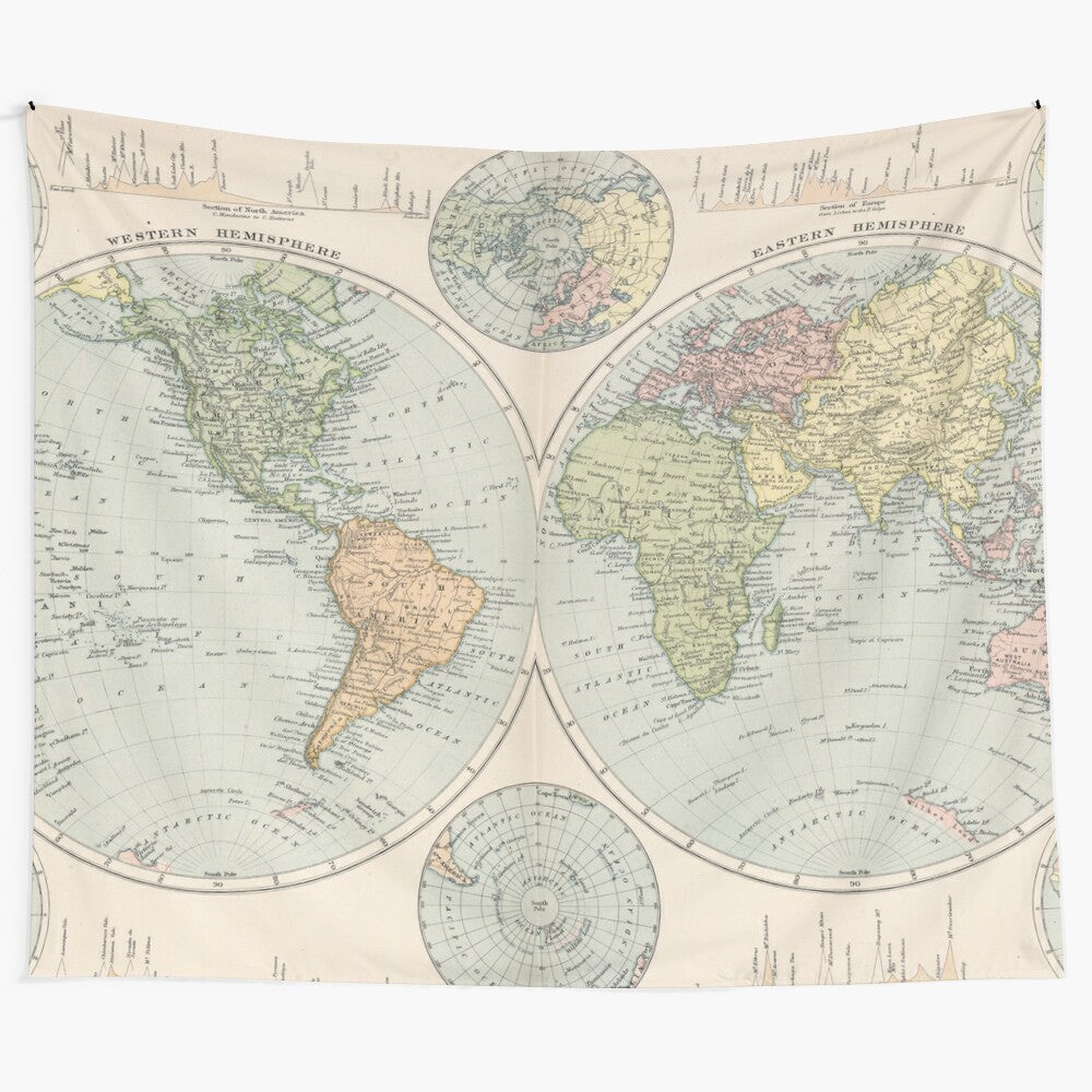 Vintage-inspired tapestry featuring a detailed historical world map from 1892