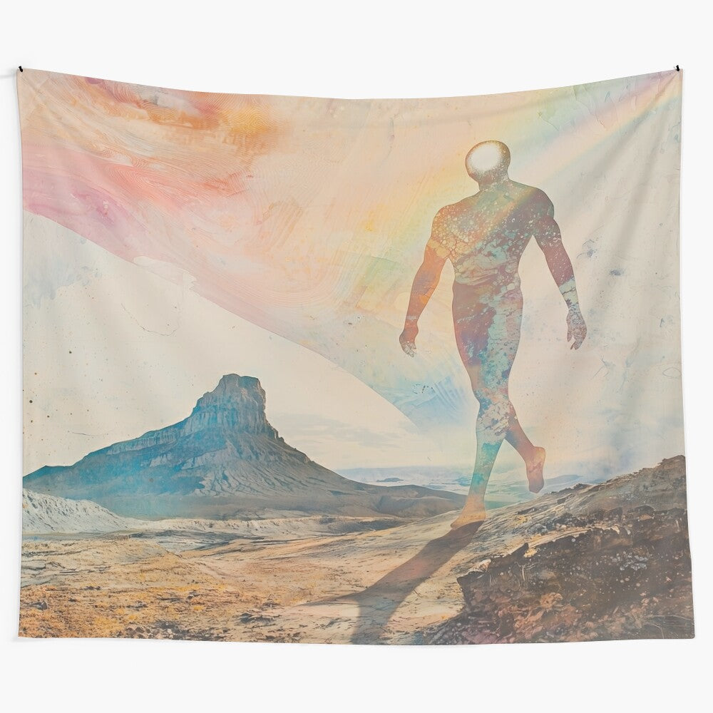 Tapestry depicting a psychedelic, abstract landscape with a glowing desert and starry night sky