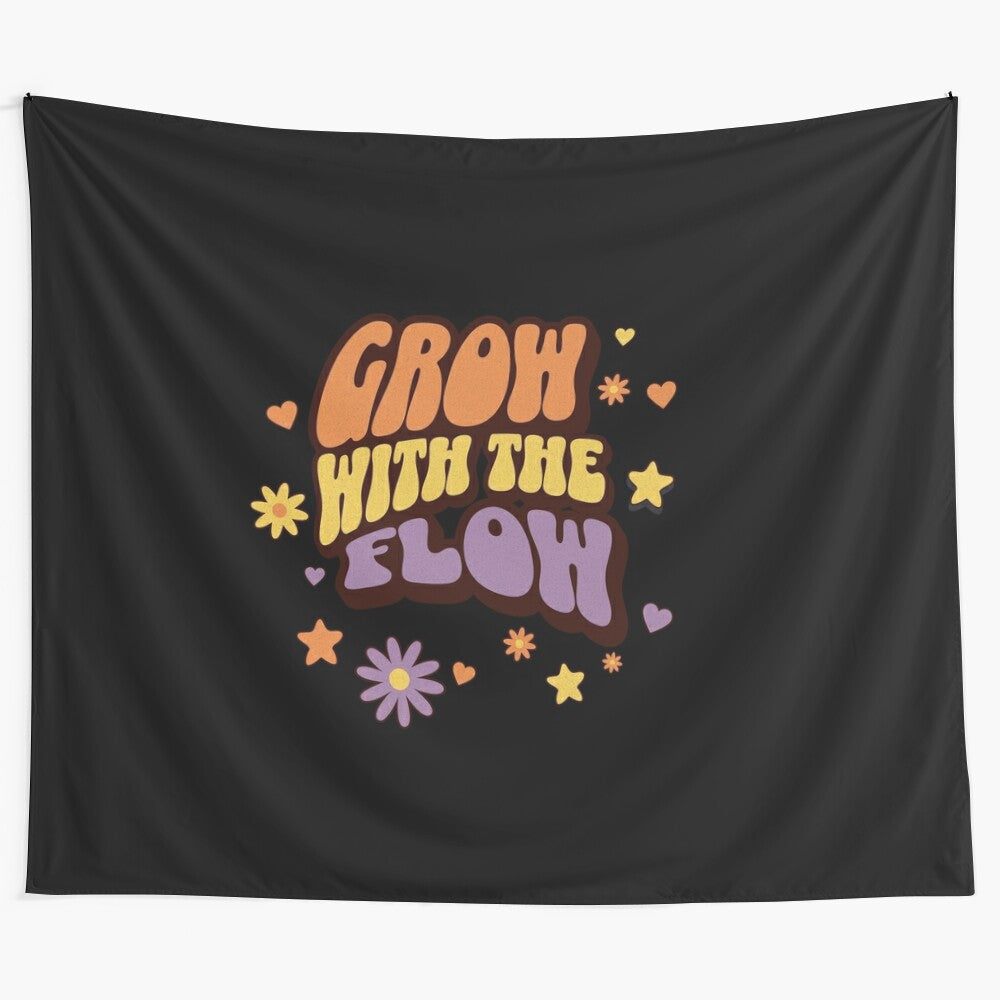 Retro "Grow with the flow" positive affirmations tapestry with floral and book design