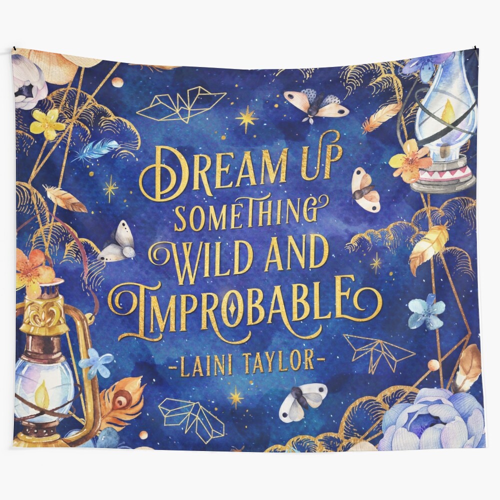 Dreamy floral and galaxy tapestry featuring night sky, lanterns, and butterflies