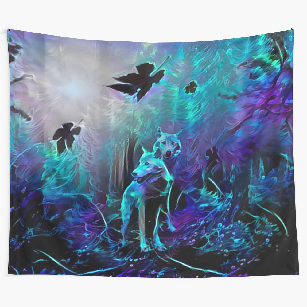 Blacklight tapestry depicting a glowing, neon-hued forest scene with wolves