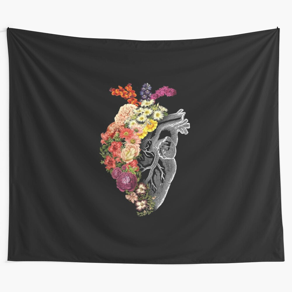 Floral heart-shaped tapestry with vintage botanical elements