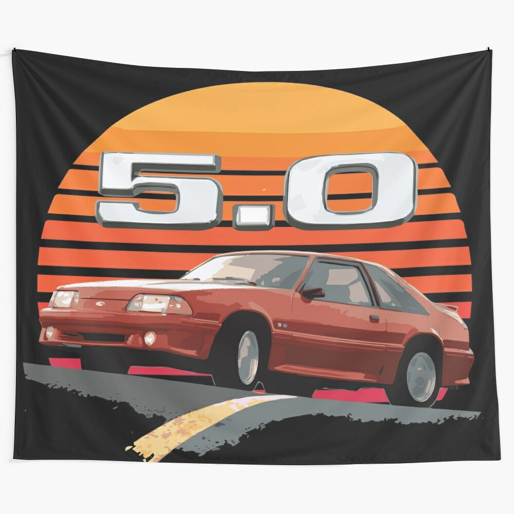 Retro-inspired Mustang GT 5.0L V8 tapestry design featuring classic American muscle car styling