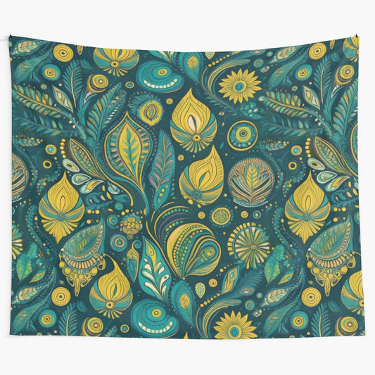 Vibrant retro boho tapestry with golden floral embellishments