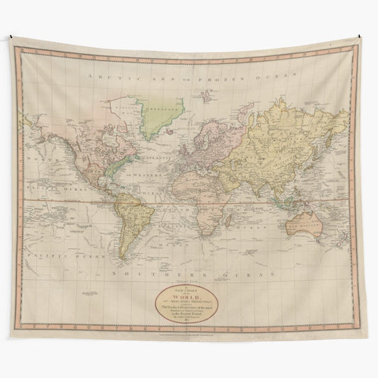 Vintage 1801 world map tapestry featuring an antique cartographic illustration