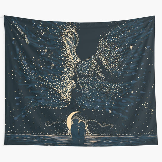 Star-crossed lovers embracing under the moonlit sky on a tapestry