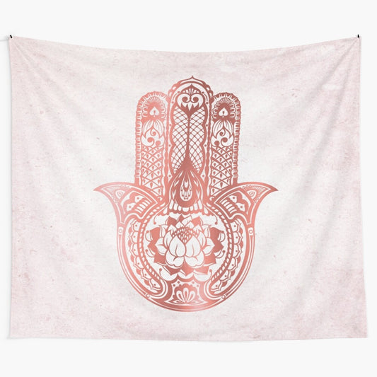 Rose gold hamsa mandala tapestry with lotus flowers