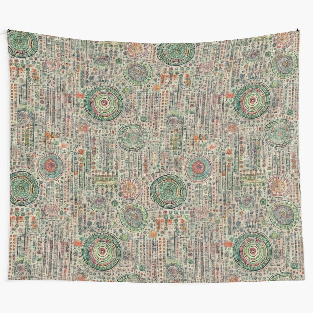 Retro boho tapestry with muted mosaic pattern and 70s hippie design